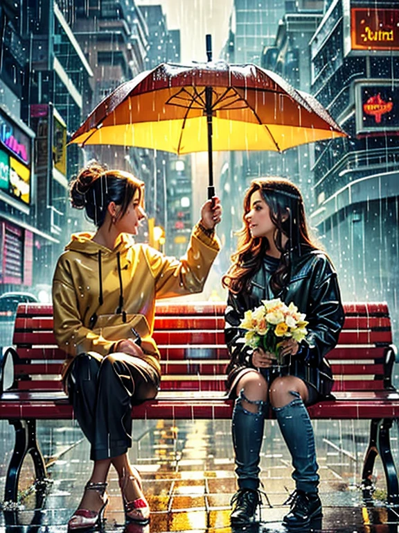 there are two people sitting on a bench in the rain, after rain and no girls, beautiful painting of friends, under rain, by Cyril Rolando, alena aenami and lilia alvarado, in style of cyril rolando, cyril rolando and m.w kaluta, cyril rolando and m. w kaluta, rainy evening, lesbian art