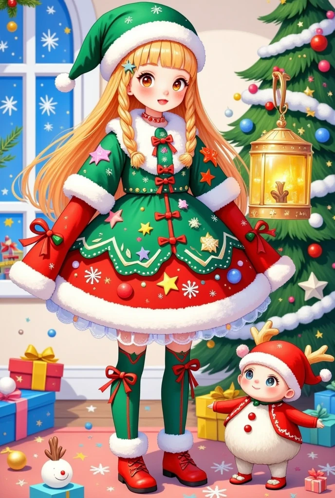 This picture is a festive color illustration that may be related
to a Christmas theme. it has a main character, who is dressed	mer	
with white fur trim, a Santa hat, and holds a large golden	star-shaped lantern. She has long golden braids and wears	in festive clothing. The character wears a green and red dress	Christn	
Christmas-themed accessories. The figure on the right is smaller, possibly a child, and is dressed in white and red
clothes and a Santa hat. Next to this figure is a small red-nosed reindeer, a nod to the character Rudolph from Christmas folklore. There are various Christmas decorations in the background, including a Christmas tree,presents, and snowflakes. The scene appears to be a cozy room that is beautifully decorated, and the atmosphere is warm and pleasant. The overall tone of the picture is cheerful and festive,reflecting the festive atmosphere