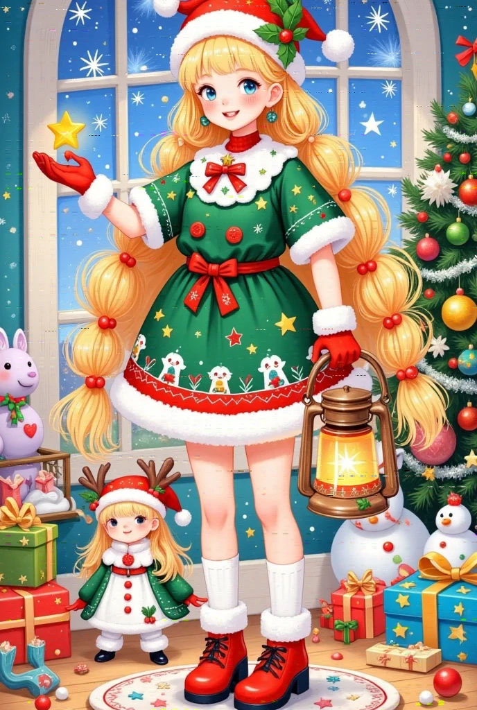 This picture is a festive color illustration that may be related
to a Christmas theme. it has a main character, who is dressed	mer	
with white fur trim, a Santa hat, and holds a large golden	star-shaped lantern. She has long golden braids and wears	in festive clothing. The character wears a green and red dress	Christn	
Christmas-themed accessories. The figure on the right is smaller, possibly a , and is dressed in white and red
clothes and a Santa hat. Next to this figure is a small red-nosed reindeer, a nod to the character Rudolph from Christmas folklore. There are various Christmas decorations in the background, including a Christmas tree,presents, and snowflakes. The scene appears to be a cozy room that is beautifully decorated, and the atmosphere is warm and pleasant. The overall tone of the picture is cheerful and festive,reflecting the festive atmosphere