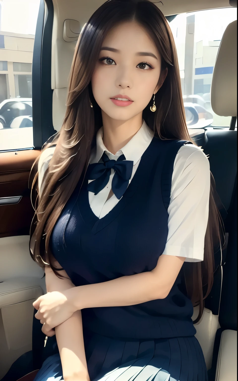 (masterpiece:1.2, top quality), ( realistic , photo realistic :1.4), Big Breasts:1.3, beautiful illustration , ( natural light, movie lights), Depth of Written Boundary, full body shot , keeps staring at the audience , ( face focus), Front View, 1 girl, 26 years old , perfect face, symmetrical pretty face, black hair, asymmetric bang , straight long hair style, big eyes, Droopy eyes, Long Lashes , beautiful hair, beautiful face, beautiful eyes , beautiful body, beautiful thighs, beautiful legs,((Car passenger seat )) , (( High-quality fabric texture , Navy blue knit vest, short sleeve white collared shirt, navy blue pleated skirt, navy bow tie )), ((Sit down)), evening , DYNAMIC POSE, A very affectionate look:1.3, 175cm