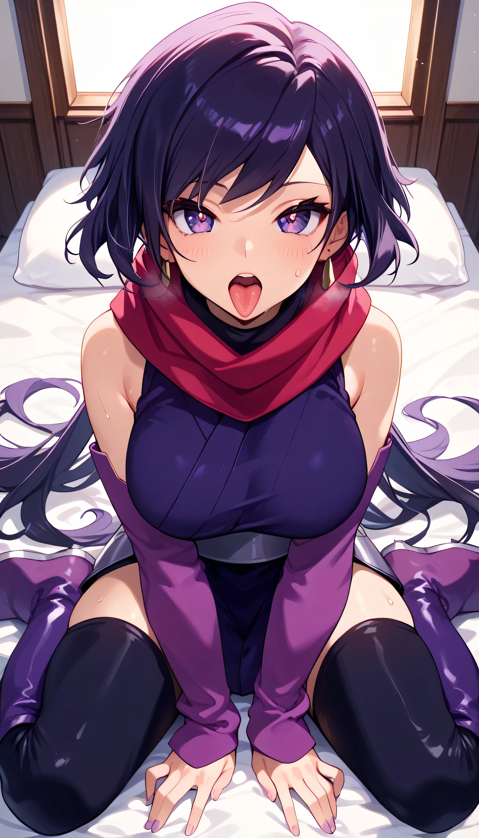   One Girl  ，iris ，  Kunoichi，紺色の髪，   PURPLE EYES， Ninja costume(  Red Scarf ，Deep purple kimono，  sleeveless ，Big Breasts，light purple arm covers，   Black Knee High  ，purple long boots ，)，  is opening her mouth，  sticking out the tongue  ，，  sigh，  puffy eyes ，  heart shaped eyes，sweat， teeth，seiza，  sit on the bed ， Fellatio Poses ，masterpiece