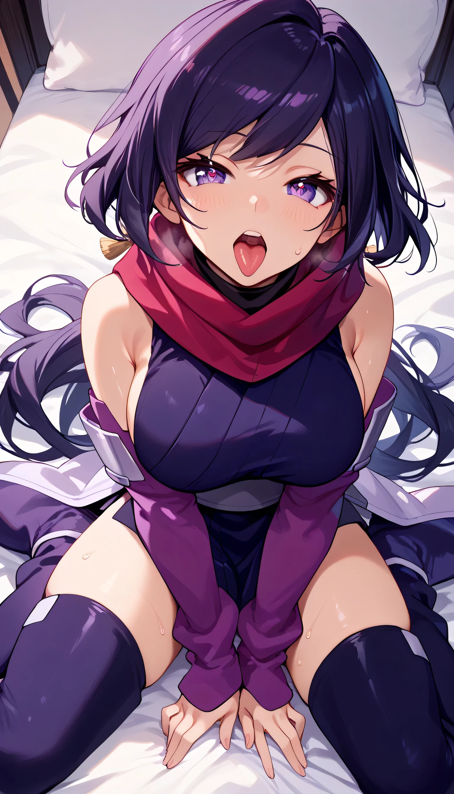   One Girl  ，iris ，  Kunoichi，紺色の髪，   PURPLE EYES， Ninja costume(  Red Scarf ，Deep purple kimono，  sleeveless ，Big Breasts，light purple arm covers，   Black Knee High  ，purple long boots ，)，  is opening her mouth，  sticking out the tongue  ，，  sigh，  puffy eyes ，  heart shaped eyes，sweat， teeth，seiza，  sit on the bed ， Fellatio Poses ，masterpiece