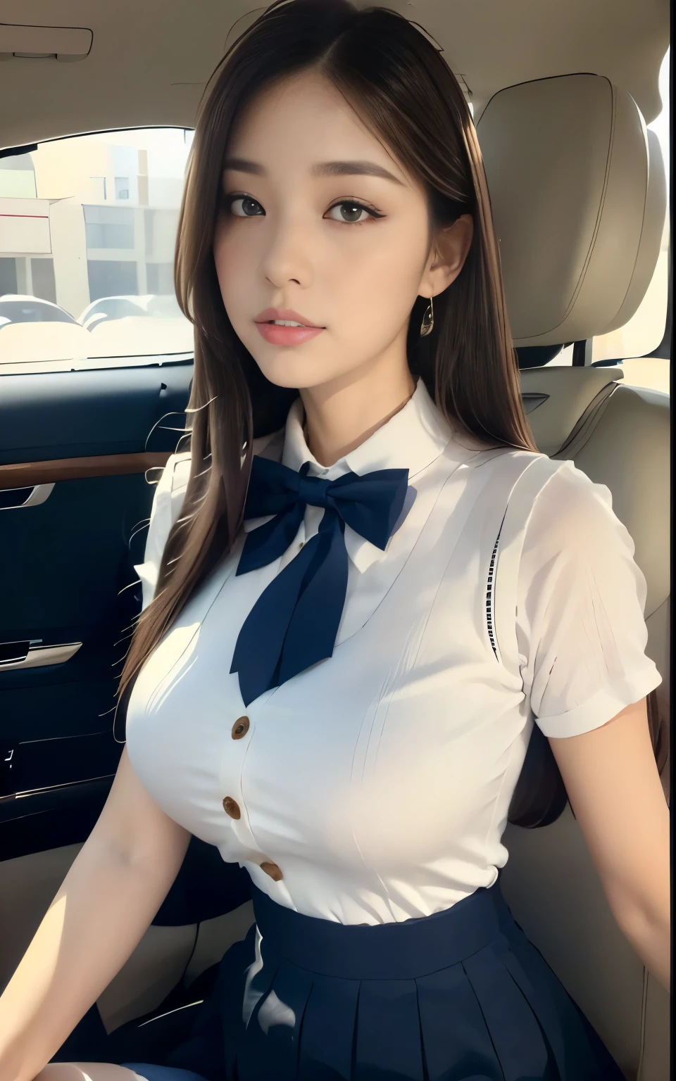 (masterpiece:1.2, top quality), ( realistic , photo realistic :1.4), Big Breasts:1.3, beautiful illustration , ( natural light, movie lights), Depth of Written Boundary, full body shot , keeps staring at the audience , ( face focus), Front View, 1 girl, 26 years old , perfect face, symmetrical pretty face, black hair, asymmetric bang , straight long hair style, big eyes, Droopy eyes, Long Lashes , beautiful hair, beautiful face, beautiful eyes , beautiful body, beautiful thighs, beautiful legs,((Car passenger seat )) , (( High-quality fabric texture , Navy blue knit vest, short sleeve white collared shirt, navy blue pleated skirt, navy bow tie )), ((Sit down)), evening , DYNAMIC POSE, A very affectionate look:1.3, 175cm