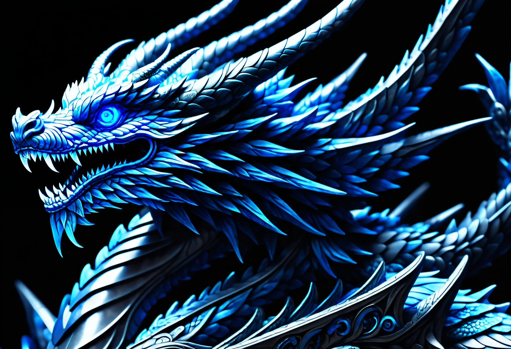 Generate a highly detailed and realistic close-up photo of a dragon's face as it breathes blue fire from its mouth. The dragon should have intricate scales with a mix of dark and iridescent colors, and its eyes should be fierce and glowing. The blue flames erupting from its mouth should be vividly bright, casting an otherworldly glow on the dragon's face and highlighting the texture of its scales and features. Smoke and sparks should be visible around the fire, adding to the intensity of the scene. The background is dark and slightly blurred to keep the focus on the dragon's face and the blue flames. This photo should capture the raw power and majesty of the dragon, with a hyper-realistic level of detail that makes the scene both awe-inspiring and intimidating.