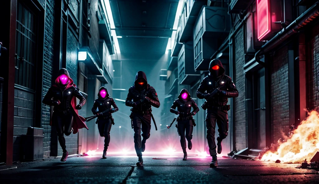 realistic image depicting a dramatic chase scene in a bustling space station. The setting is a dimly lit alleyway within Nova Prime, a futuristic, advanced space station with neon signs casting eerie shadows on the walls. The protagonist, Captain Jack Mercer, is seen running with a beautiful alien girl, Lyra (Lyra with red pink skin), who has an ethereal, otherworldly appearance with glowing eyes and a hooded cape. Behind them, several stern-faced agents in black uniforms are in pursuit, some with weapons drawn. The alleyway is narrow and filled with debris, adding to the intensity and urgency of the chase. The expressions on Jack and Lyra's faces should convey determination and fear, while the agents look relentless and menacing.
