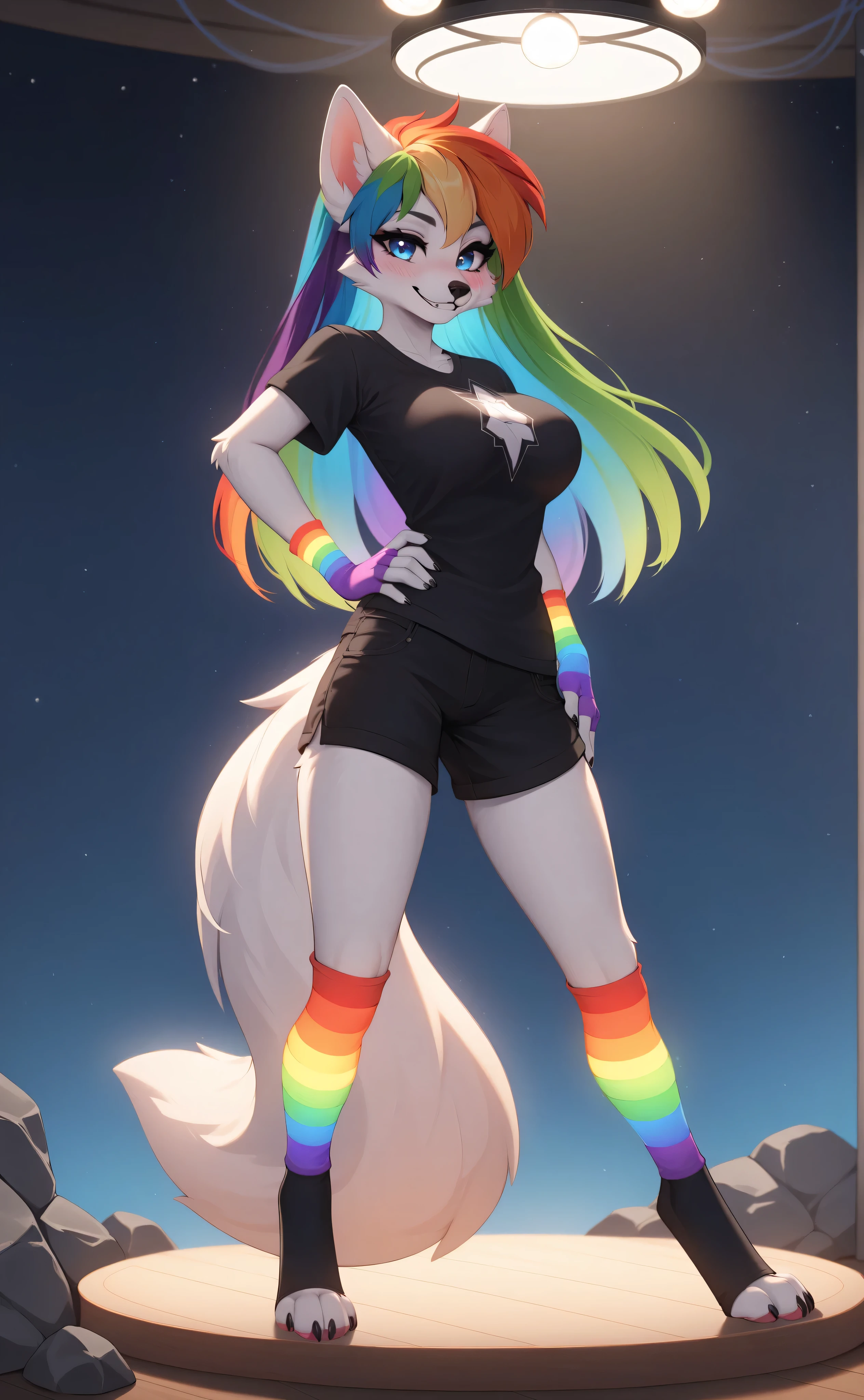 (4K HD Quality), score_9_up, score_8_up, score_6_up, anthro, solo, 1girl, furry, white fox, white body, white fur, rainbow hair color, long thick hair, blue eyes, fox tail, medium large breasts, 

glowing gloves, rainbow sleeves gloves, fingerless gloves, glowing socks, rainbow thigh high socks, toeless socks, 

black shirt, black shorts, 

blush, perfect smile teeth, looking at view, full, full body view, (far view), 

rock star, stage, night, rock star light, stage light, rock star clothes, standing, 