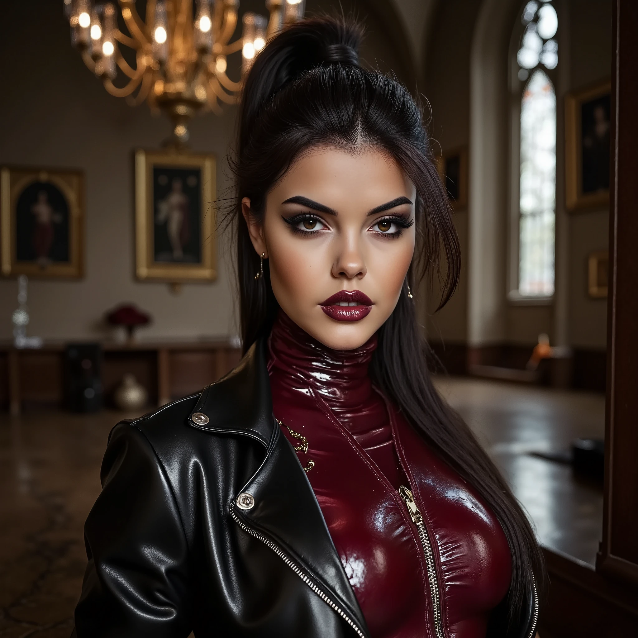 close up portrait image of a gorgeous woman with dark makeup, she's wearing a skintight mulberry shiny latex turtleneck jumpsuit with front zipper and long sleeves and a black leather crop jacket, tight high ponytail, hands on her hips, looking direct into the camera, front view, intimidating expression, strong eyeliner, magnetic, charismatic, photogenic, inside the Notre Dame Cathedral, Middle Ages Era Cathedral, illuminaty, secret society, stoned artifacts of Jesus Christ crucified, sunset light godrays through gorgeous stained glass windows