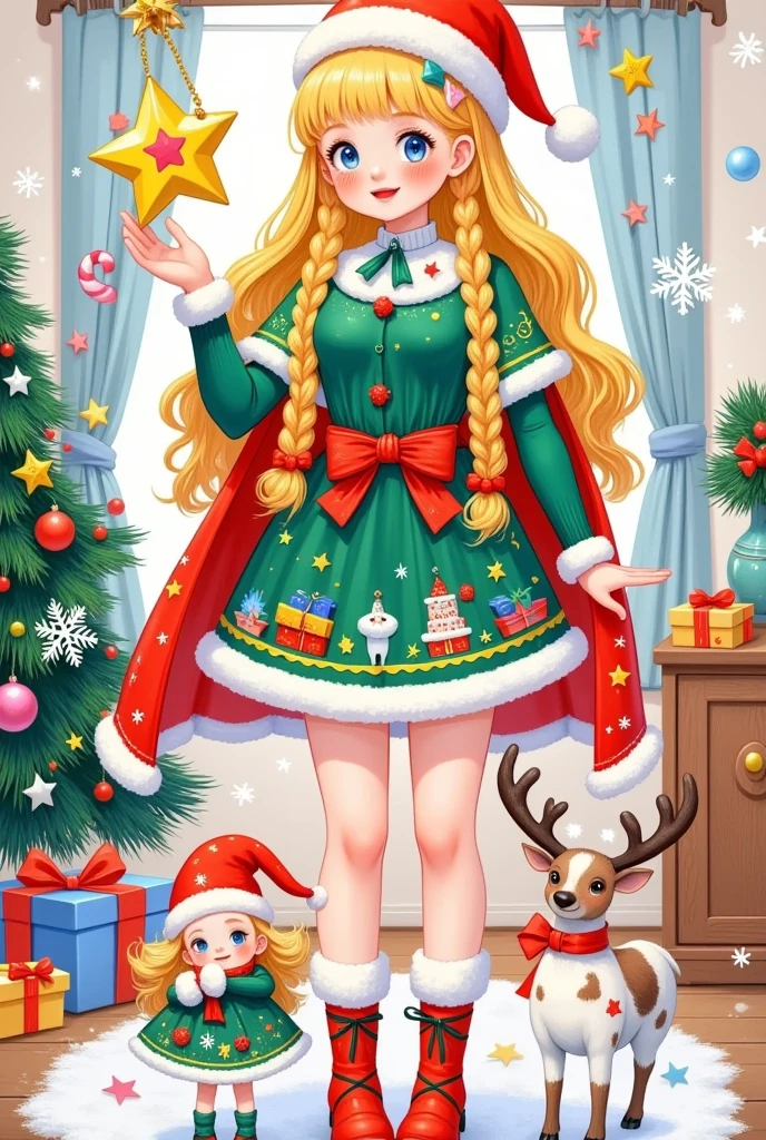 This picture is a festive color illustration that may be related
to a Christmas theme. it has a main character, who is dressed	mer	
with white fur trim, a Santa hat, and holds a large golden	star-shaped lantern. She has long golden braids and wears	in festive clothing. The character wears a green and red dress	Christn	
Christmas-themed accessories. The figure on the right is smaller, possibly a , and is dressed in white and red
clothes and a Santa hat. Next to this figure is a small red-nosed reindeer, a nod to the character Rudolph from Christmas folklore. There are various Christmas decorations in the background, including a Christmas tree,presents, and snowflakes. The scene appears to be a cozy room that is beautifully decorated, and the atmosphere is warm and pleasant. The overall tone of the picture is cheerful and festive,reflecting the festive atmosphere