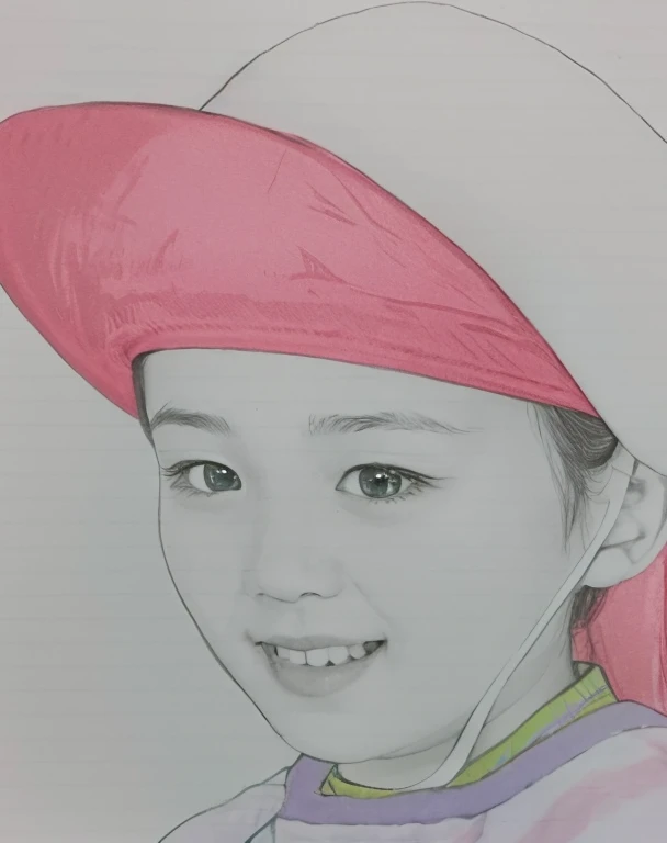 Hand-drawn watercolor illustration, One Girl,north korea、north korea、north koreaの民族衣装、((chima jeogori))、Black hair（ponytail、forehead）5 years old, smile,cute, cute, Simple, Pencil line drawing
