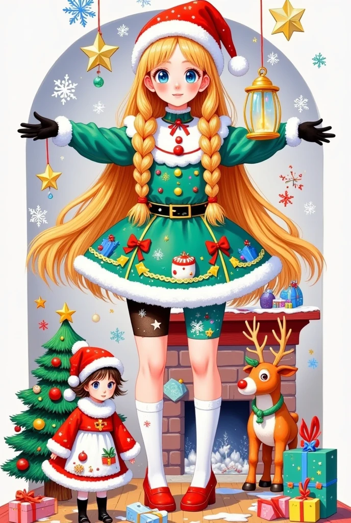 This picture is a festive color illustration that may be related
to a Christmas theme. it has a main character, who is dressed	mer	
with white fur trim, a Santa hat, and holds a large golden	star-shaped lantern. She has long golden braids and wears	in festive clothing. The character wears a green and red dress	Christn	
Christmas-themed accessories. The figure on the right is smaller, possibly a child, and is dressed in white and red
clothes and a Santa hat. Next to this figure is a small red-nosed reindeer, a nod to the character Rudolph from Christmas folklore. There are various Christmas decorations in the background, including a Christmas tree,presents, and snowflakes. The scene appears to be a cozy room that is beautifully decorated, and the atmosphere is warm and pleasant. The overall tone of the picture is cheerful and festive,reflecting the festive atmosphere