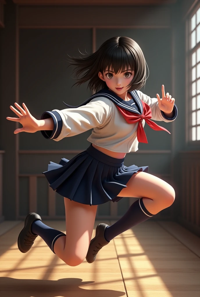 Asian cute girl（18yr old）Colorful real background Look at camera Jump to camera