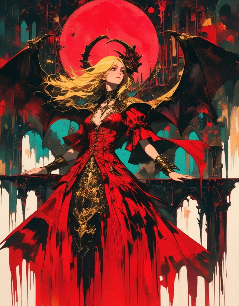 Castlevania, psychedelic fantasy, gothic horror, homage to the mystical horror movies, gothic architecture castle background, psychedelic color scheme, surreal psychedelic design, young woman, her blonde hair flows as if in the wind, Victorian red dress with gold patterned details, Abstract Dripping Paint. Red ink flows down, exquisitely detailed. blood moon above, colorful watercolor, concept art, complex, elegant, fantasy, ultra wide angle, night, A unique and sexy atmosphere that you will never forget at first glance