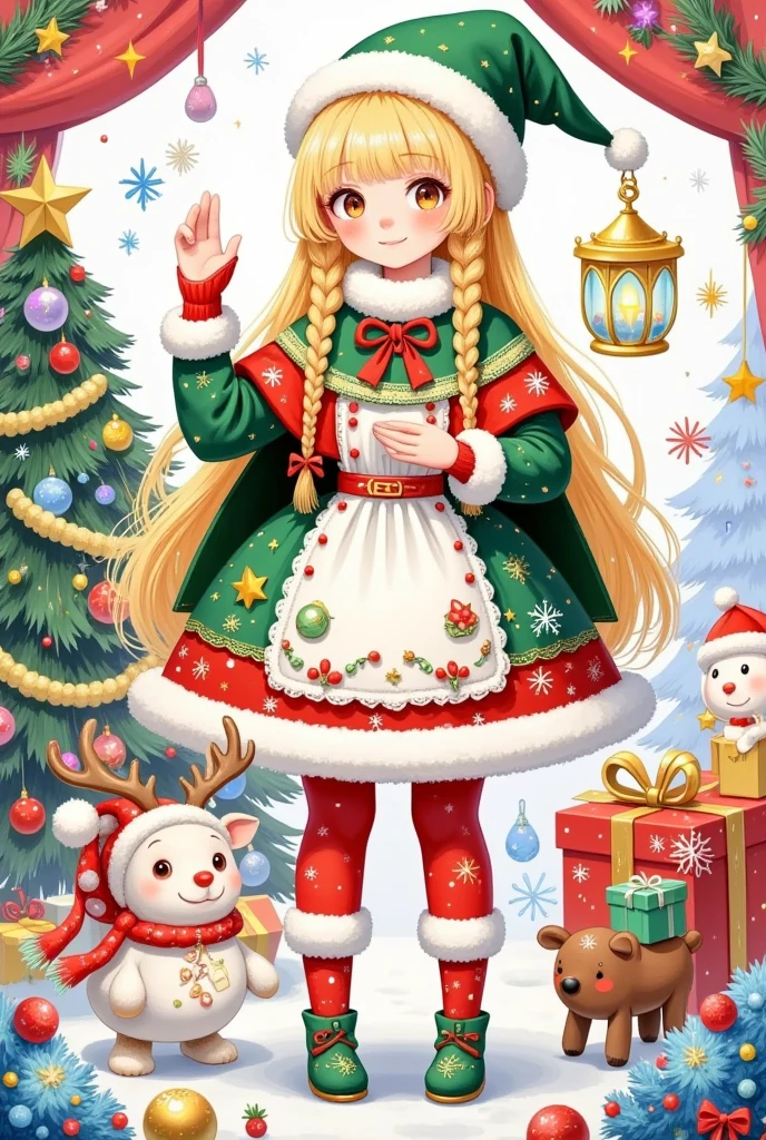 This picture is a festive color illustration that may be related
to a Christmas theme. it has a main character, who is dressed	mer	
with white fur trim, a Santa hat, and holds a large golden	star-shaped lantern. She has long golden braids and wears	in festive clothing. The character wears a green and red dress	Christn	
Christmas-themed accessories. The figure on the right is smaller, possibly a , and is dressed in white and red
clothes and a Santa hat. Next to this figure is a small red-nosed reindeer, a nod to the character Rudolph from Christmas folklore. There are various Christmas decorations in the background, including a Christmas tree,presents, and snowflakes. The scene appears to be a cozy room that is beautifully decorated, and the atmosphere is warm and pleasant. The overall tone of the picture is cheerful and festive,reflecting the festive atmosphere