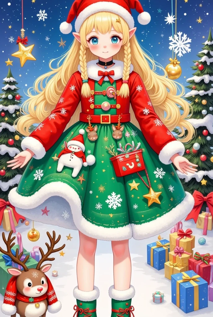 This picture is a festive color illustration that may be related
to a Christmas theme. it has a main character, who is dressed	mer	
with white fur trim, a Santa hat, and holds a large golden	star-shaped lantern. She has long golden braids and wears	in festive clothing. The character wears a green and red dress	Christn	
Christmas-themed accessories. The figure on the right is smaller, possibly a , and is dressed in white and red
clothes and a Santa hat. Next to this figure is a small red-nosed reindeer, a nod to the character Rudolph from Christmas folklore. There are various Christmas decorations in the background, including a Christmas tree,presents, and snowflakes. The scene appears to be a cozy room that is beautifully decorated, and the atmosphere is warm and pleasant. The overall tone of the picture is cheerful and festive,reflecting the festive atmosphere