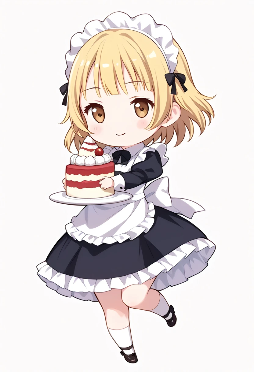 1girl, solo, yuki mio, chibi style, maid, carrying Christmas cake, simple background, full body, chibi avatar