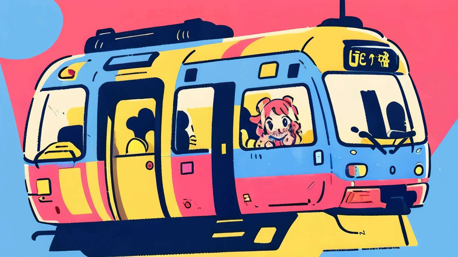 "A vibrant city pop-inspired illustration of a stylish girl riding a neon-lit urban train at night. She has flowing hair and a confident posture, surrounded by glowing signs in Japanese kanji, retro 80s aesthetics, and colorful reflections on the train's windows. The atmosphere is dreamy and nostalgic, capturing the essence of city pop culture."

