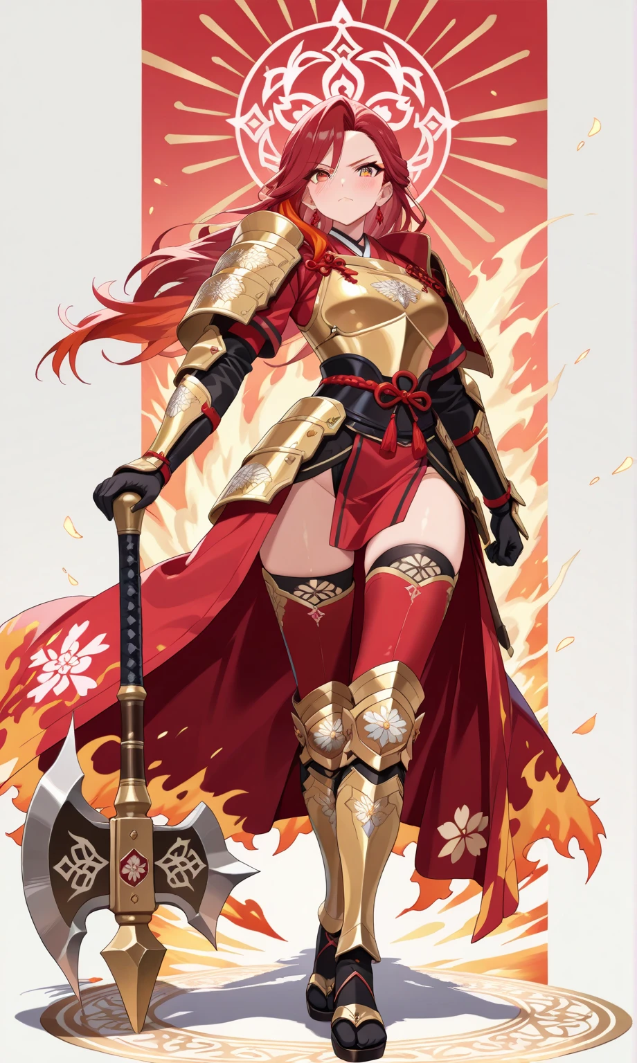 (((masterpiece, best quality, high detailed, 16k))) (1girl) A fierce warrior with a fiery mane of bright red hair, clad in ornate gold and crimson armor. Her eyes blaze with the intensity of a rising sun, and she wields a massive battle axe, etched with ancient runes of fire. The battlefield around her is bathed in the first light of dawn, as she charges forward, leading her army with unstoppable fury. ((full body view)), ((extremely detailed: 1.5))