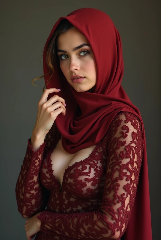 8k, RAW photo, best quality, masterpiece:1.2),(realistic, photo-realistic:1.37),sunset,soft light,"photo of a Beauty Arabic women with Huge boob,hijab, extremely beautiful face,bust,Random hairstyle,red hair color,Naughty expression,pigsney, adult content,nsfw,cleavage