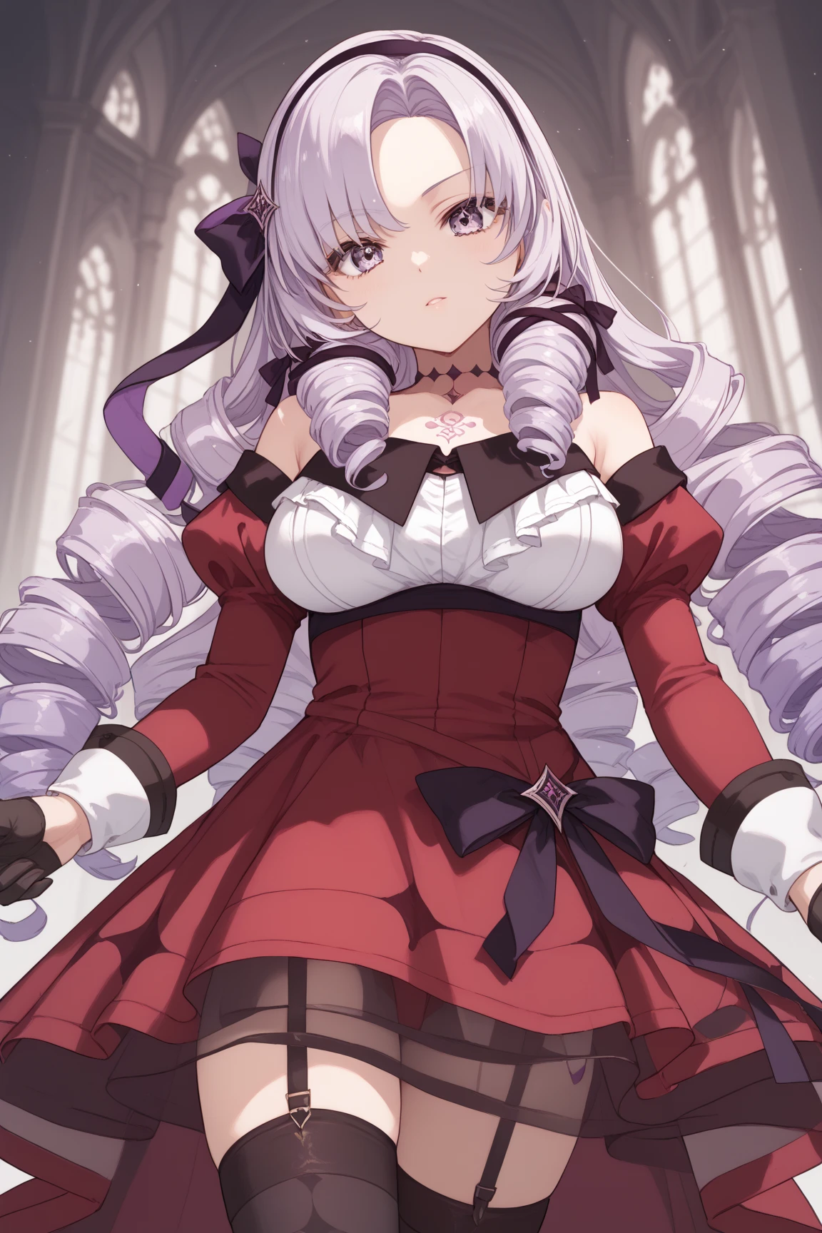 anime coloring,masterpiece,Salome, big body,big breasts,(((( best quality )))),,HS1, purple eyes, bangs, parted bangs, purple hair, light purple hair, long hair, drill hair, tattoo, chest tattoo, ribbon, hair ribbon, purple ribbon, hairband
bare shoulders, dress, red dress, long sleeves, juliet sleeves, gloves, black gloves, garter straps, thighhighs, black thighhighs