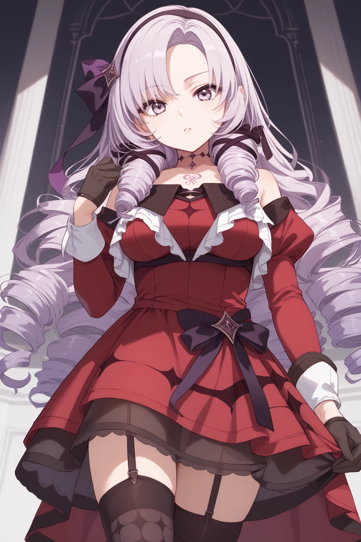 anime coloring,masterpiece,Salome, big body,big breasts,(((( best quality )))),,HS1, purple eyes, bangs, parted bangs, purple hair, light purple hair, long hair, drill hair, tattoo, chest tattoo, ribbon, hair ribbon, purple ribbon, hairband
bare shoulders, dress, red dress, long sleeves, juliet sleeves, gloves, black gloves, garter straps, thighhighs, black thighhighs