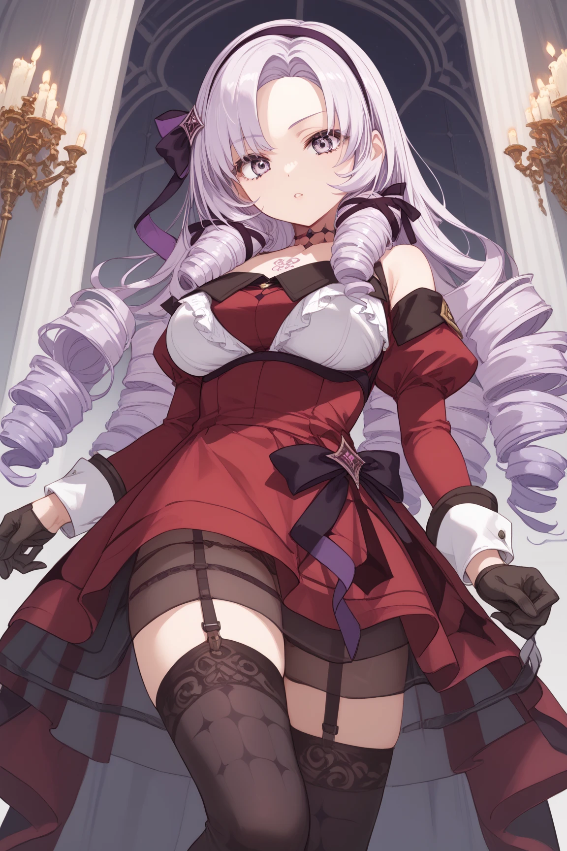 anime coloring,masterpiece,Salome, big body,big breasts,(((( best quality )))),,HS1, purple eyes, bangs, parted bangs, purple hair, light purple hair, long hair, drill hair, tattoo, chest tattoo, ribbon, hair ribbon, purple ribbon, hairband
bare shoulders, dress, red dress, long sleeves, juliet sleeves, gloves, black gloves, garter straps, thighhighs, black thighhighs