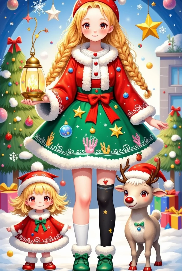 This picture is a festive color illustration that may be related
to a Christmas theme. it has a main character, who is dressed	mer	
with white fur trim, a Santa hat, and holds a large golden	star-shaped lantern. She has long golden braids and wears	in festive clothing. The character wears a green and red dress	Christn	
Christmas-themed accessories. The figure on the right is smaller, possibly a child, and is dressed in white and red
clothes and a Santa hat. Next to this figure is a small red-nosed reindeer, a nod to the character Rudolph from Christmas folklore. There are various Christmas decorations in the background, including a Christmas tree,presents, and snowflakes. The scene appears to be a cozy room that is beautifully decorated, and the atmosphere is warm and pleasant. The overall tone of the picture is cheerful and festive,reflecting the festive atmosphere