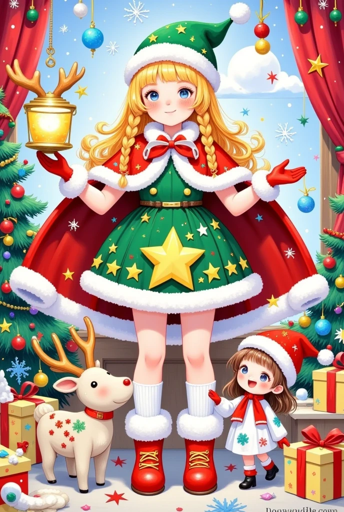 This picture is a festive color illustration that may be related
to a Christmas theme. it has a main character, who is dressed	mer	
with white fur trim, a Santa hat, and holds a large golden	star-shaped lantern. She has long golden braids and wears	in festive clothing. The character wears a green and red dress	Christn	
Christmas-themed accessories. The figure on the right is smaller, possibly a child, and is dressed in white and red
clothes and a Santa hat. Next to this figure is a small red-nosed reindeer, a nod to the character Rudolph from Christmas folklore. There are various Christmas decorations in the background, including a Christmas tree,presents, and snowflakes. The scene appears to be a cozy room that is beautifully decorated, and the atmosphere is warm and pleasant. The overall tone of the picture is cheerful and festive,reflecting the festive atmosphere