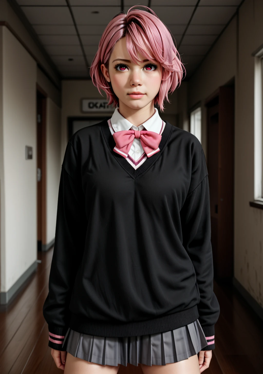 score_9,score_8_top,score_7_top zPDXL2,zPDXLxxx,zPDXLxxx,zPDXL3,airaSDXL,1 girl,dark pink eyes,short hair,skirt,bow,white socks,background,school uniform ,pink hair,pleated skirt,black sweater,cowboy shot,room,kneeling,V standing,dynamic pose.