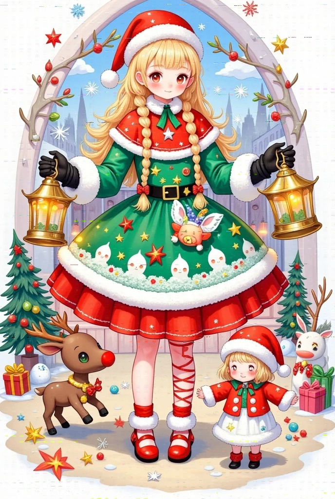 This picture is a festive color illustration that may be related
to a Christmas theme. it has a main character, who is dressed	mer	
with white fur trim, a Santa hat, and holds a large golden	star-shaped lantern. She has long golden braids and wears	in festive clothing. The character wears a green and red dress	Christn	
Christmas-themed accessories. The figure on the right is smaller, possibly a , and is dressed in white and red
clothes and a Santa hat. Next to this figure is a small red-nosed reindeer, a nod to the character Rudolph from Christmas folklore. There are various Christmas decorations in the background, including a Christmas tree,presents, and snowflakes. The scene appears to be a cozy room that is beautifully decorated, and the atmosphere is warm and pleasant. The overall tone of the picture is cheerful and festive,reflecting the festive atmosphere