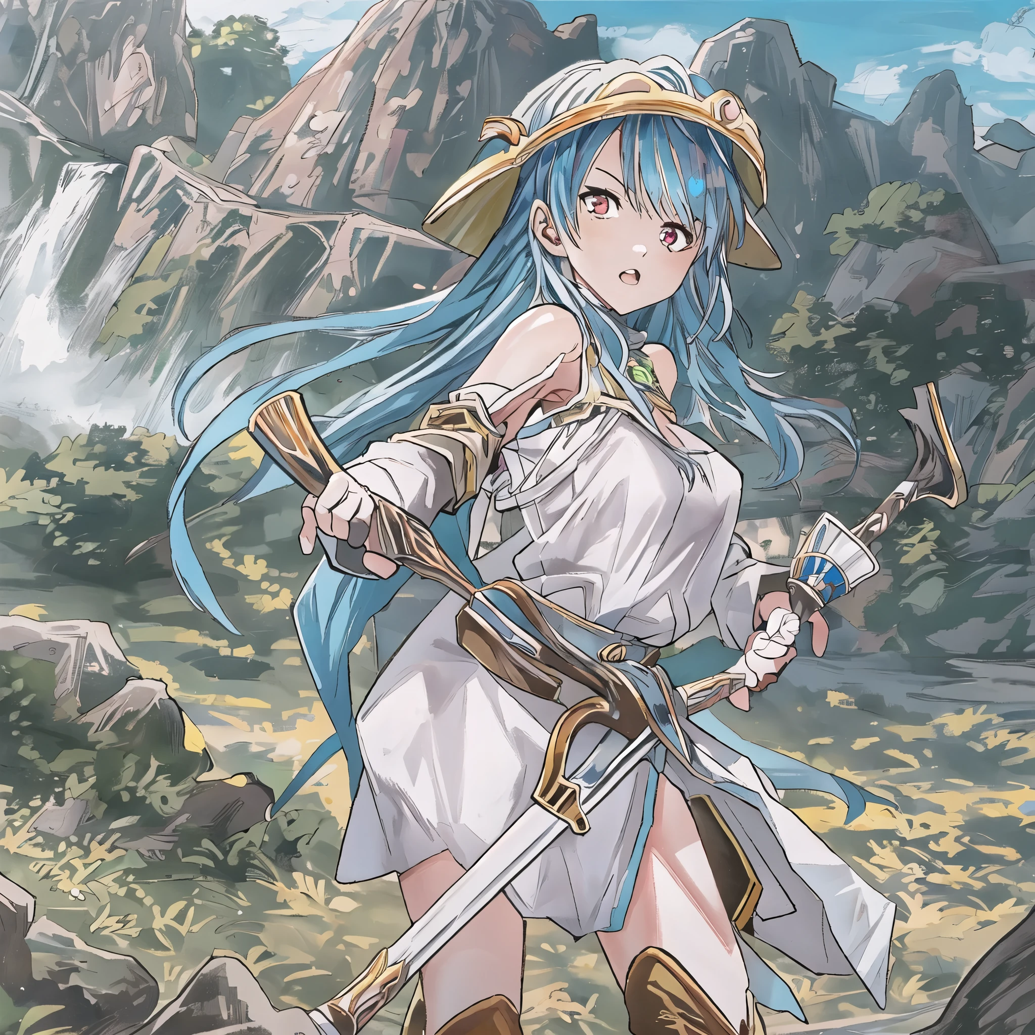  top quality , ,_(dq3),  girl, (holding staff, staff:1.3), Alone,  long hair,  blue hair,  circlet, red eyes, Normal Breasts, YELLOW GLOVES , white dress,  belt bag , Cape,  long boots,  clevis on a stone,  shoulder out, underwear,  standing, whole body, Grassland, Wind lift,  background:Wilderness white 、 sexy、 Big Breasts 、 juicy thighs、 cute face、 magic before the Ice Castle、 slime 、Sage、fight、(Monsters attack、Battle、Big Magic、 medroa)、