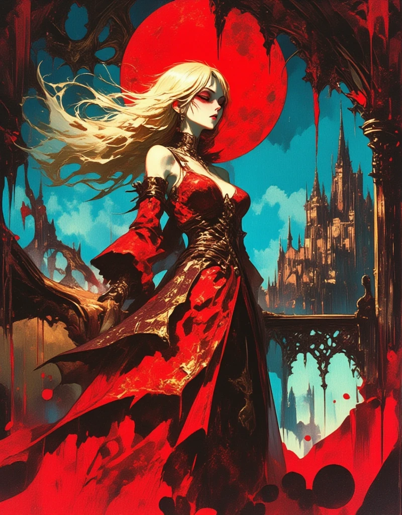 Castlevania, psychedelic fantasy, gothic horror, homage to the mystical horror movies, gothic architecture castle background, psychedelic color scheme, surreal psychedelic design, young woman, her blonde hair flows as if in the wind, Victorian red dress with gold patterned details, Abstract Dripping Paint. Red ink flows down, exquisitely detailed. blood moon above, colorful watercolor, concept art, complex, elegant, fantasy, ultra wide angle, night, A unique and sexy atmosphere that you will never forget at first glance, ArsMJStyle, dnddarkestfantasy