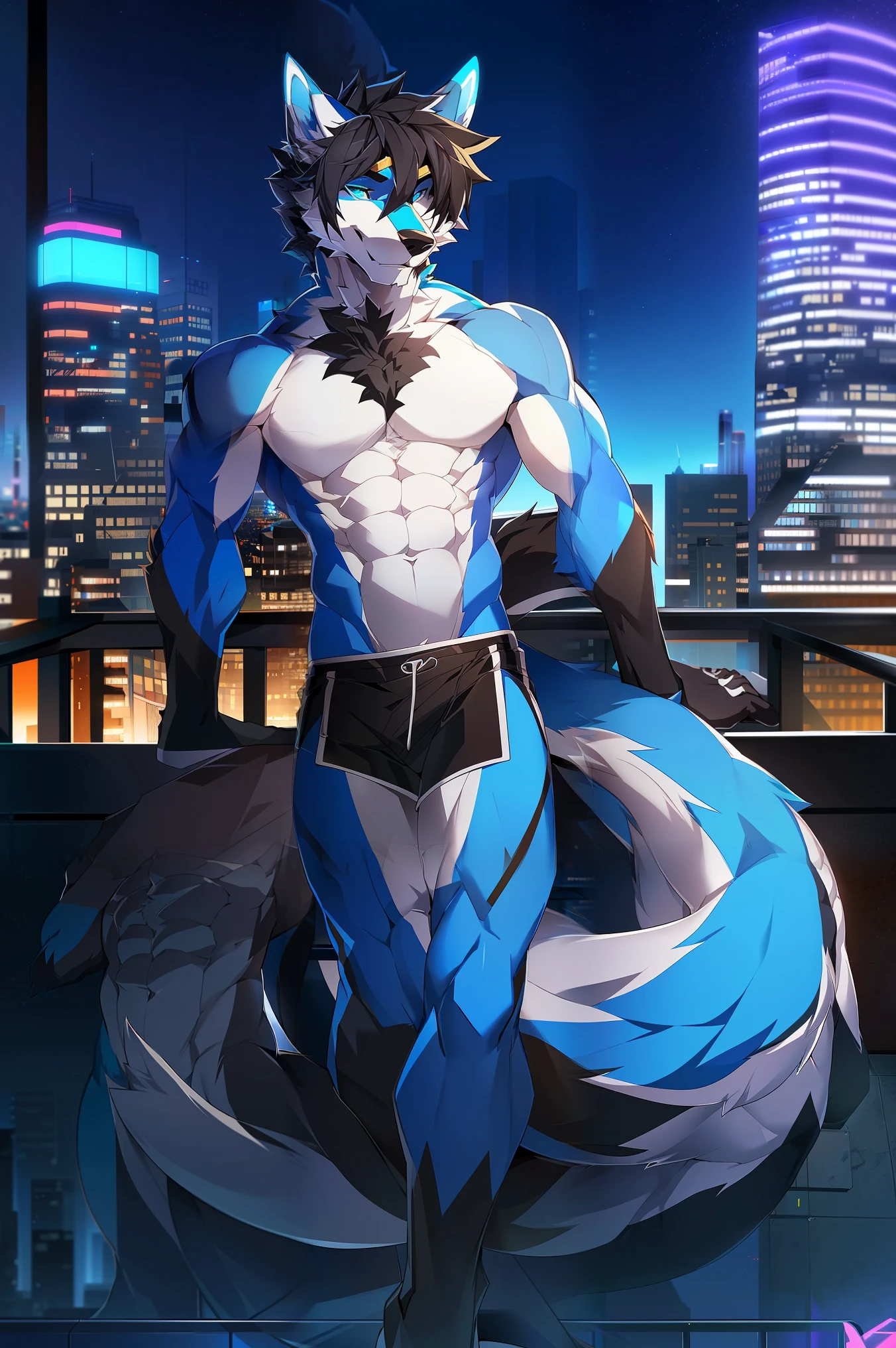 ((Solo)), male people, anthro wolf, (Multi-colored fur, White tail pointed), (Height 3meters,Tail length 2meters), Abs, pinginuscular, A long big tail, by patto, modern city