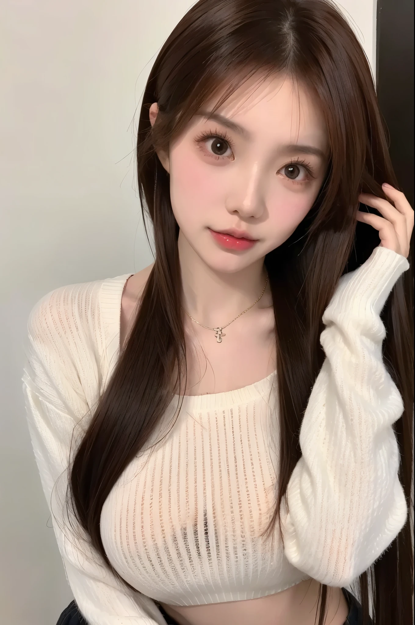  beautiful woman with perfect body：1.4，Layered Hairstyle，Sexy， Transparent Sweater ， on facial and skin texture with high accuracy，Skin Whitening， long hair