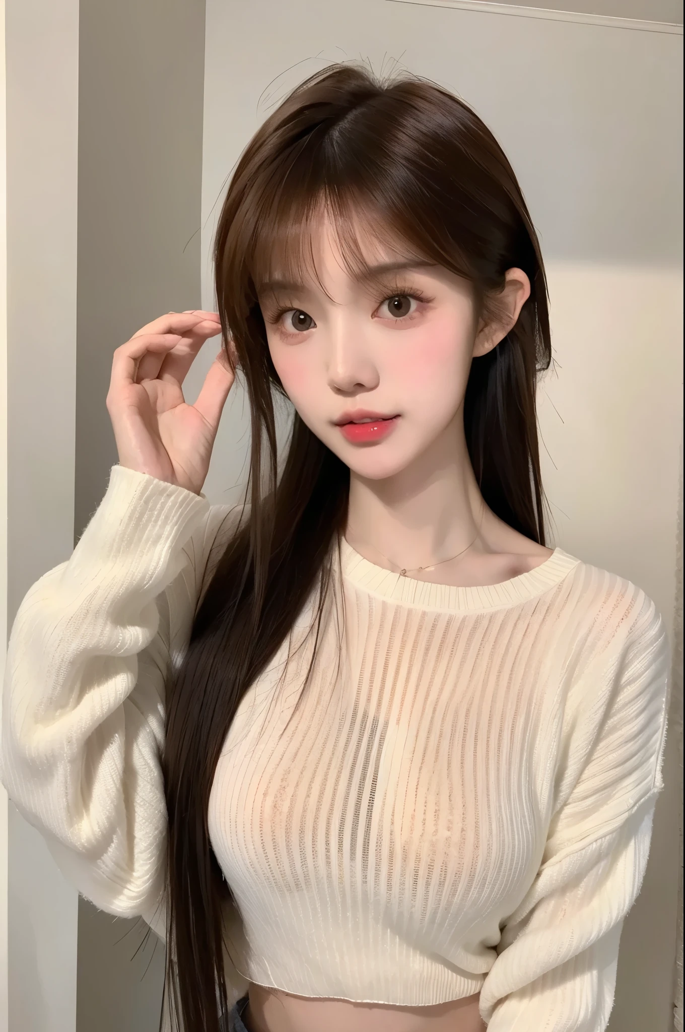  beautiful woman with perfect body：1.4，Layered Hairstyle，Sexy， Transparent Sweater ， on facial and skin texture with high accuracy，Skin Whitening， long hair