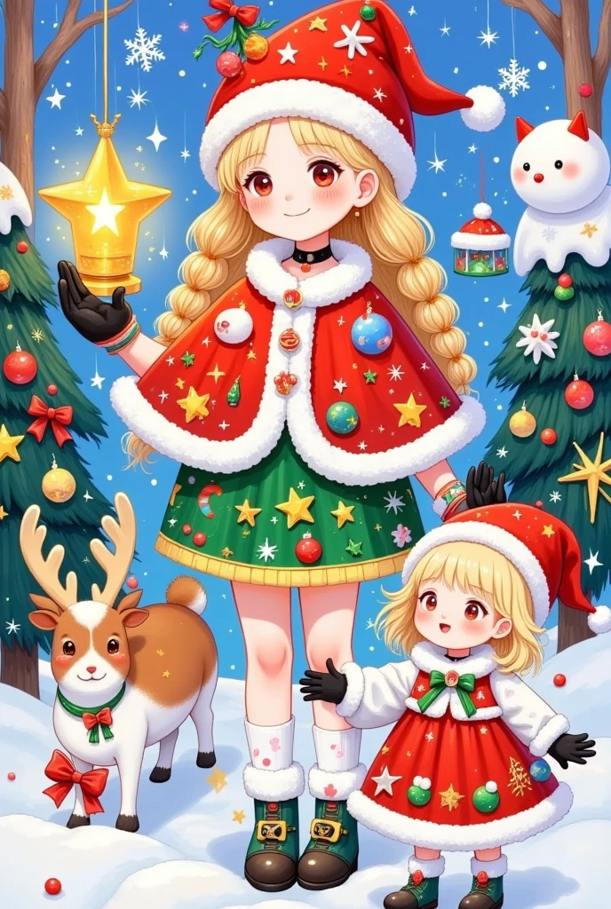 This picture is a festive color illustration that may be related
to a Christmas theme. it has a main character, who is dressed	mer	
with white fur trim, a Santa hat, and holds a large golden	star-shaped lantern. She has long golden braids and wears	in festive clothing. The character wears a green and red dress	Christn	
Christmas-themed accessories. The figure on the right is smaller, possibly a child, and is dressed in white and red
clothes and a Santa hat. Next to this figure is a small red-nosed reindeer, a nod to the character Rudolph from Christmas folklore. There are various Christmas decorations in the background, including a 