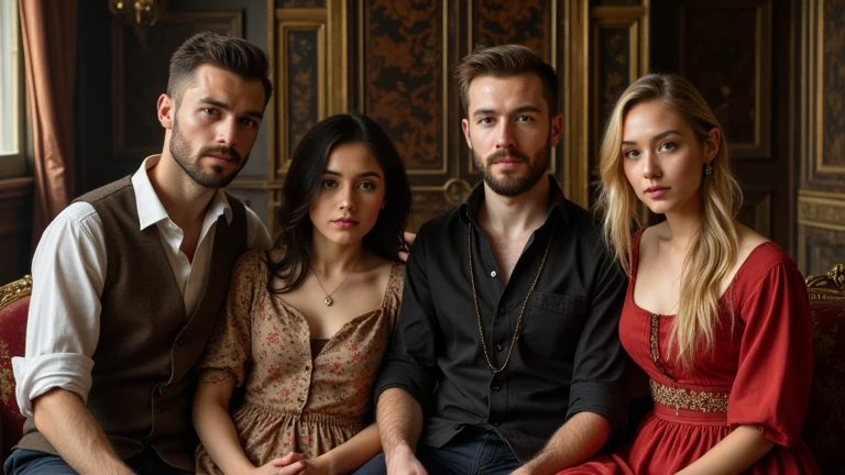 3 males and 2 females are sitting in the room of a richly decorated house, like a family portrait, long pose. First male with a short haircut no beard, second male with a short haircut no beard, a third male with a short haircut also with a beard Italian style. The first female with a black hair middle-length haircut, second female with a middle-length haircut and blond hair.