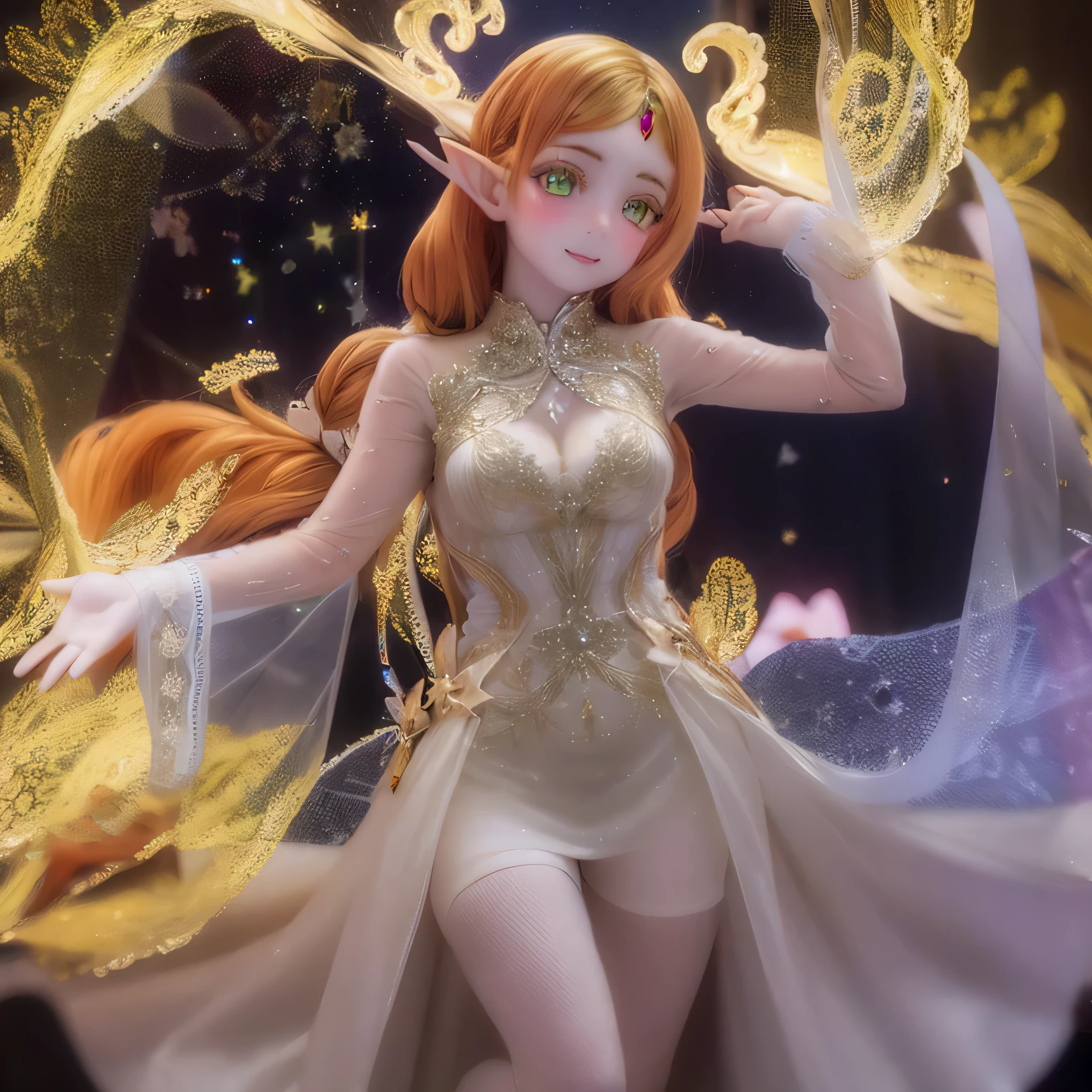 ( realistic :1.2), Beautifully Detailed Elf , Long Flowing Hair , Uncle Sui ,at the bar, very beautiful eyes , holding a star ,Flowing Cape, dreamy background , Mysterious Atmosphere , soft writing similar to Gremory ,Subtle reflection, expressive faces , Elf Jewelry , Enchanting forest scene , Eye Catching Color Palettes , Vibrant Atmosphere , Mysterious Atmosphere , Magical Essence ,Elven inscriptions,Hidden Symbols, Creative Elements , LUMINOUS PARTICLES,,Dancing Shadows, Graceful Posture, charming gaze, charming smile ,Sublime Beauty, Special Charisma From Another World , Paranormal Being ((((((( Gorgeous See-through Dress )))))))Blondes only