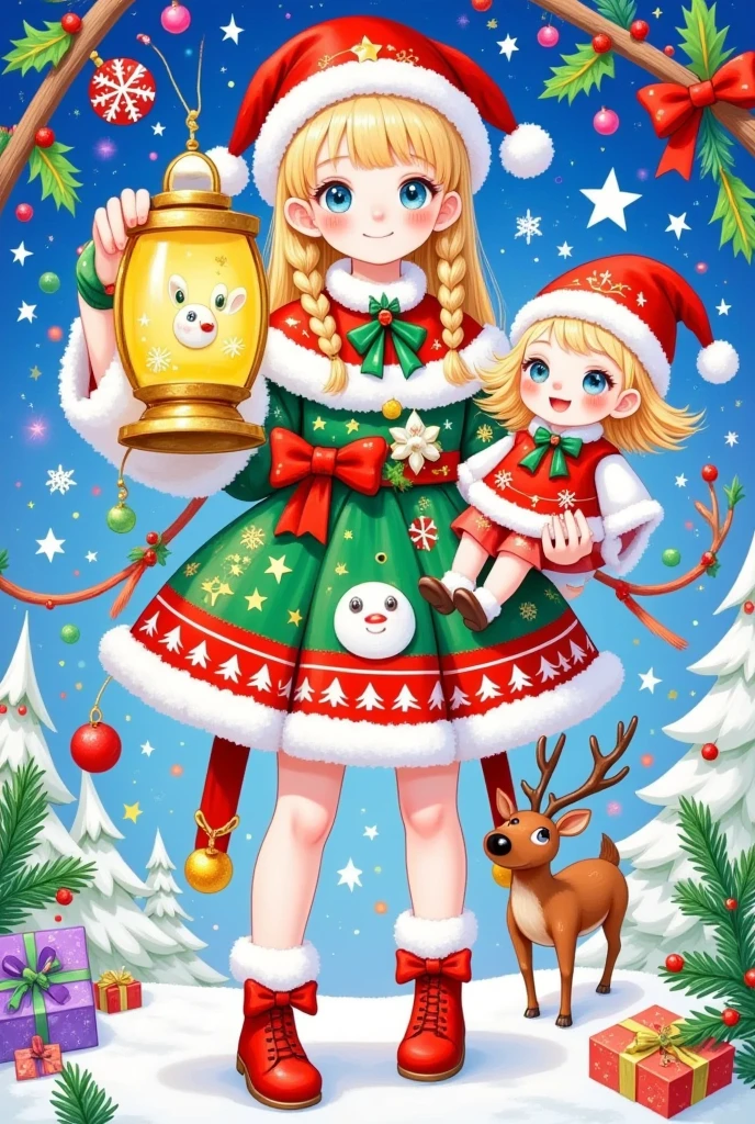 This picture is a festive color illustration that may be related
to a Christmas theme. it has a main character, who is dressed	mer	
with white fur trim, a Santa hat, and holds a large golden	star-shaped lantern. She has long golden braids and wears	in festive clothing. The character wears a green and red dress	Christn	
Christmas-themed accessories. The figure on the right is smaller, possibly a , and is dressed in white and red
clothes and a Santa hat. Next to this figure is a small red-nosed reindeer, a nod to the character Rudolph from Christmas folklore. There are various Christmas decorations in the background, including a 