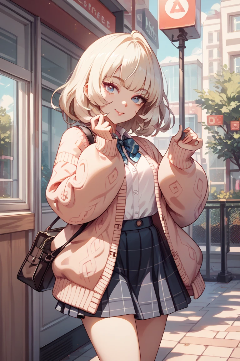  One girl , Alone,   skirt, bag,  cardigan , sleeve _past_wrist