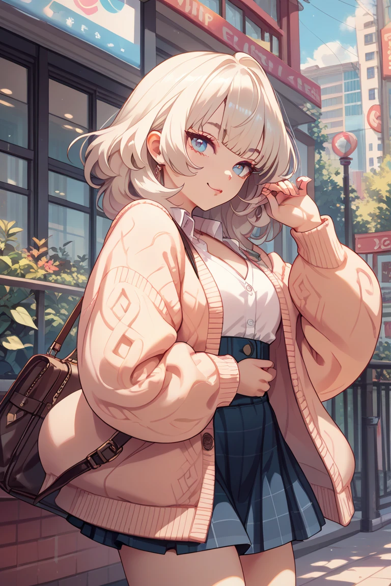  One girl , Alone,   skirt, bag,  cardigan , sleeve _past_wrist