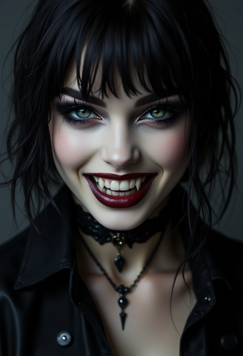 a close up of a sly goth girl with black makeup, a picture, tumblr, gothic art, big smile white teeth, l vampire, sexy face with full makeup, with a beautifull smile, sharp teeth and claws, dark hair and makeup, composite, small wide smile, profile picture, black choker
