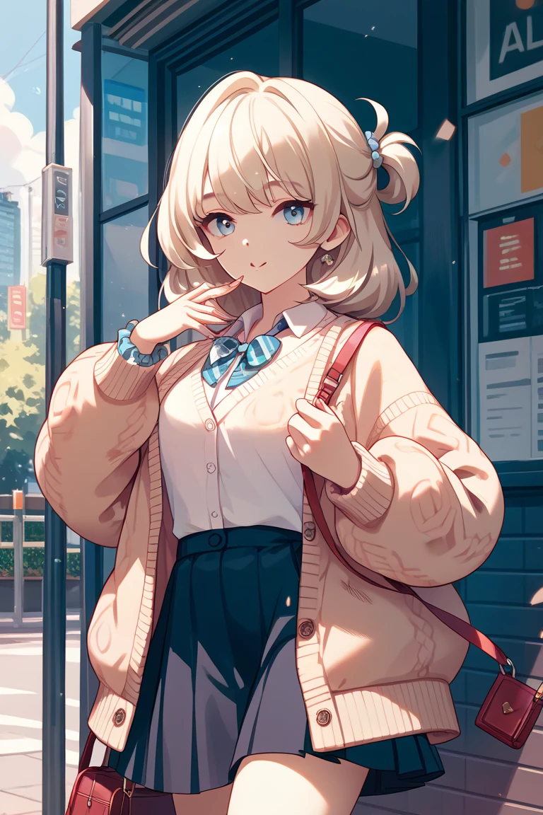  One girl , Alone,   skirt, bag,  cardigan , sleeve _past_wrist