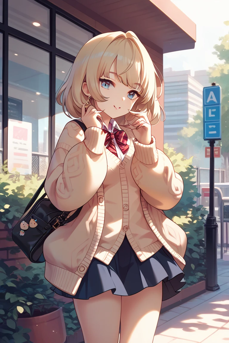  One girl , Alone,   skirt, bag,  cardigan , sleeve _past_wrist