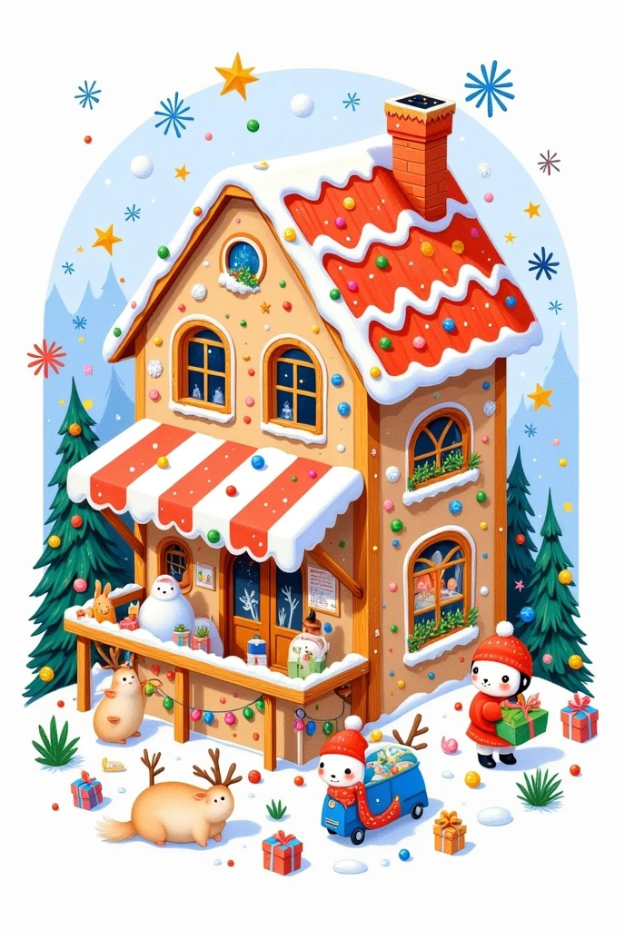 a gingerbread house coffee shop, decorated for Christmas, kawaii vector art style, simple, cute illustrations, vector graphics, isometric perspective, pastel colors, Kawacy, christmas decorations, kelly aesthetics, detailed character design, cute and dreamy, kaws style illustration, kewpie characters, kawaiipunk style, kowaii, cute animals around outside, Katsushika Hokusai, k cosy, cozy lighting, kishiro shSymbolic images, 