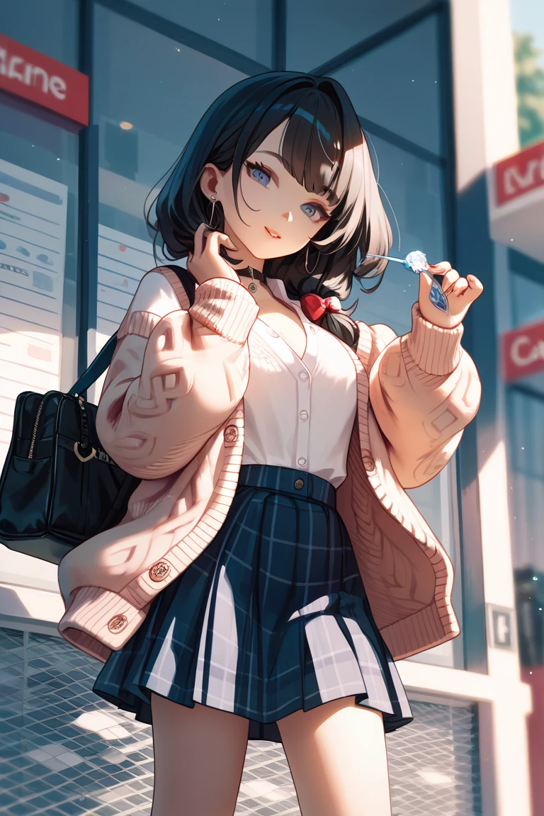  One girl , Alone,   skirt, bag,  cardigan , sleeve _past_wrist