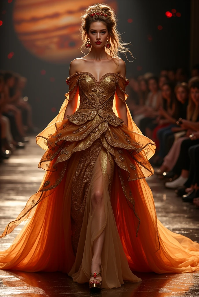 The Jupiter-inspired haute couture gown is a majestic embodiment of the gas giant’s immense power and beauty. The bodice is sculptural and dramatic, crafted from golden metallic fabrics with hints of deep red and rich browns, reflecting Jupiter’s swirling storms and vast atmosphere. The bodice is adorned with intricate patterns in copper and bronze that mimic the planet’s Great Red Spot and turbulent weather systems. Crystals and gold accents are scattered throughout, catching the light like Jupiter’s storm clouds catching sunlight. The full sleeves are made of layered organza and silk chiffon, creating an ethereal effect in shades of gold, crimson, and dark amber, resembling the planet's shifting clouds and fiery storms. The skirt billows out in a voluminous, dramatic shape, layered in silk tulle, satin, and organza in hues of deep amber, rust, and gold, flowing with a sense of celestial grandeur. The train extends behind, with a shimmering, reflective effect that evokes Jupiter’s powerful atmosphere, sparkling like its many moons.The headpiece is a striking celestial crown, made from golden filigree and glistening red gemstones, evoking the fiery storms that rage across Jupiter’s surface. The crown is adorned with cascading crimson ribbons, mimicking the swirling winds and lightning of the Great Red Spot. The model’s hair is styled in a voluminous updo, with strands of dark red, gold, and bronze flowing loosely around her face, reflecting the planet’s dramatic atmosphere.The model’s makeup is bold and powerful, with crimson eyeshadow, warm amber blush, and metallic gold lips, capturing the fiery intensity of Jupiter. Earrings shaped like the planet’s moons, made of golden hoops with embedded red gemstones, complete the cosmic look. The shoes are sleek, metallic golden heels, with geometric shapes and crystal accents, reflecting Jupiter's grandeur and timeless power.The runway backdrop is a cosmic expanse with deep red and gold lighting, evoking the stormy, vibrant