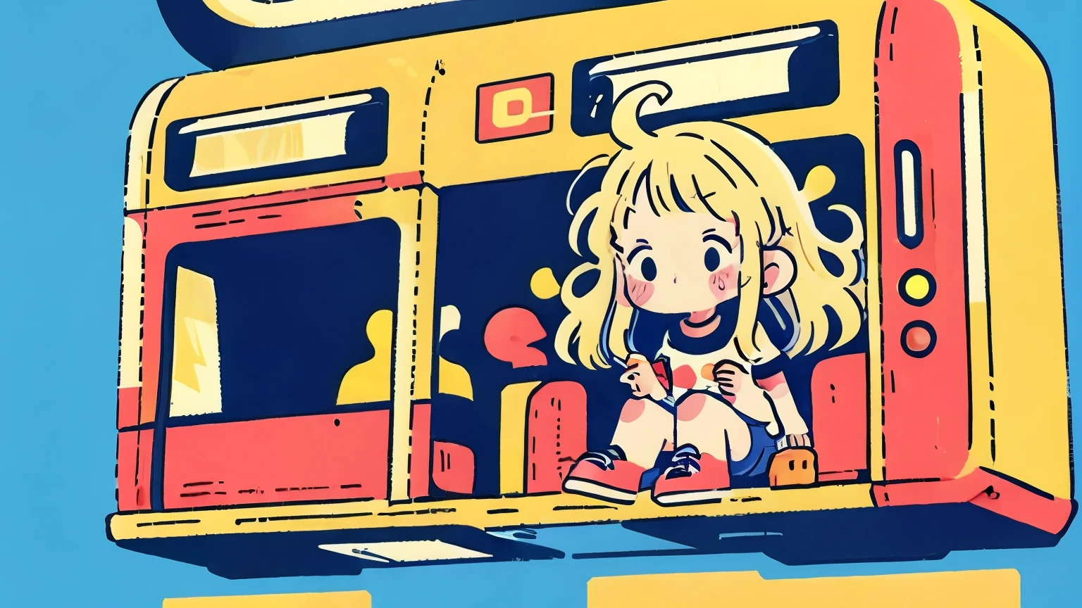 "A vibrant city pop-inspired illustration of a stylish girl riding a neon-lit urban train at night. She has flowing hair and a confident posture, surrounded by glowing signs in Japanese kanji, retro 80s aesthetics, and colorful reflections on the train's windows. The atmosphere is dreamy and nostalgic, capturing the essence of city pop culture."

