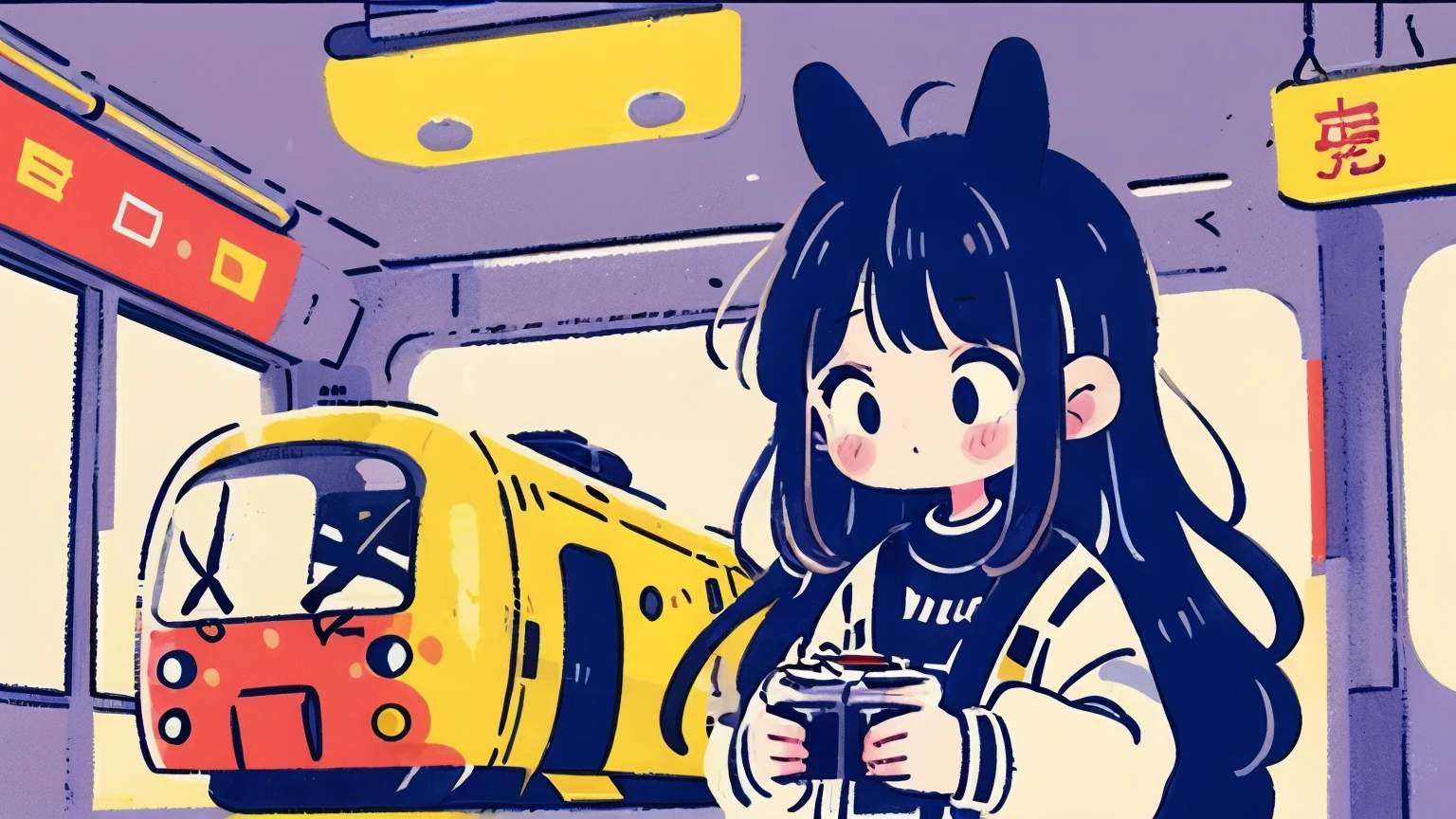 "A vibrant city pop-inspired illustration of a stylish girl riding a neon-lit urban train at night. She has flowing hair and a confident posture, surrounded by glowing signs in Japanese kanji, retro 80s aesthetics, and colorful reflections on the train's windows. The atmosphere is dreamy and nostalgic, capturing the essence of city pop culture."

