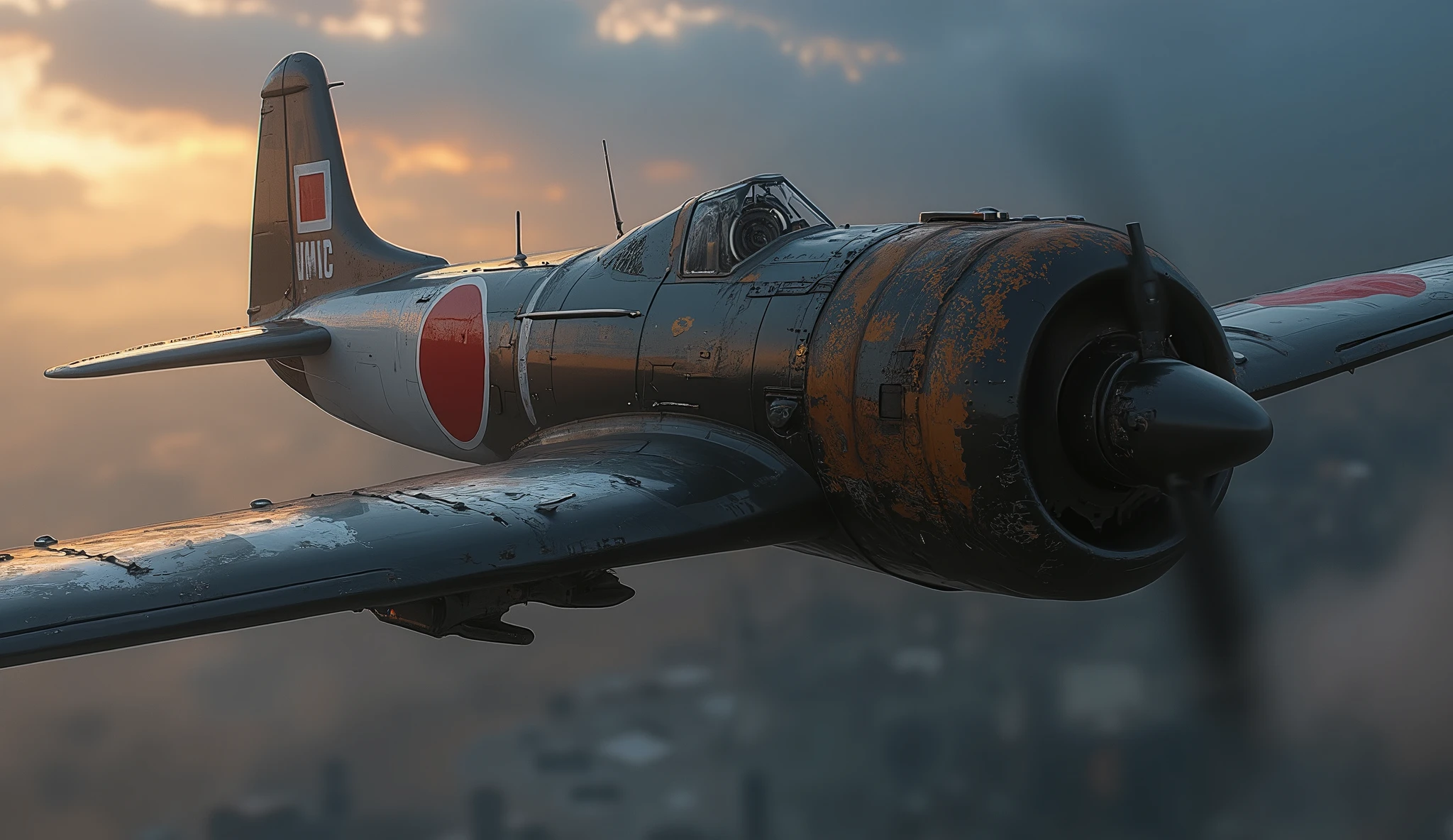 a highly detailed, hyper-realistic illustration of a japanese zero fighter aircraft, a6m5 reciprocating fighter, manufactured by mitsubishi during world war ii, as quoted from the plastic model package, hasegawa, scale model, intricate machinery, complex engineering, detailed weathering, atmospheric lighting, photorealistic, cinematic composition, dramatic lighting, volumetric fog, depth of field, ultra-detailed, masterpiece, 8k, high resolution