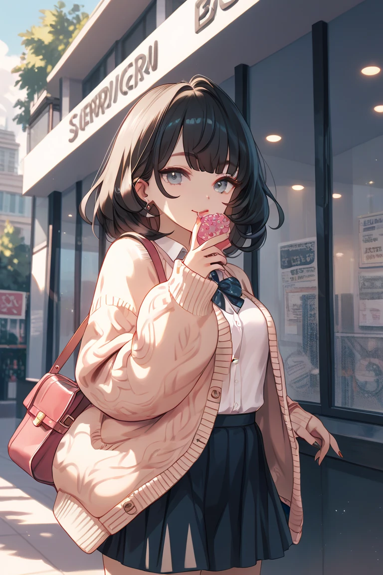  One girl , Alone,   skirt, bag,  cardigan , sleeve _past_wrist